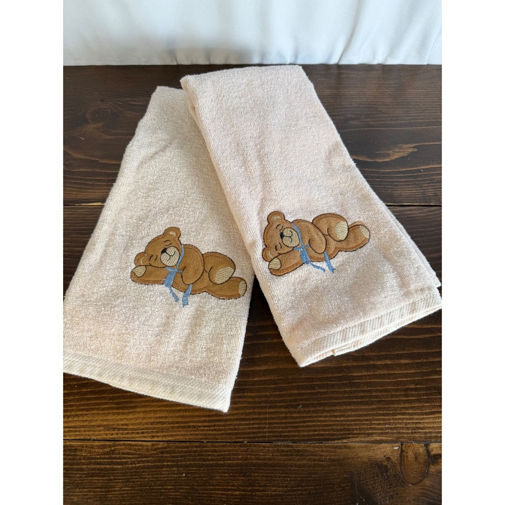 VTG 90s R.A. Briggs Embroidered Teddy Bear Tan Cotton‎ HandTowels - Set of 2